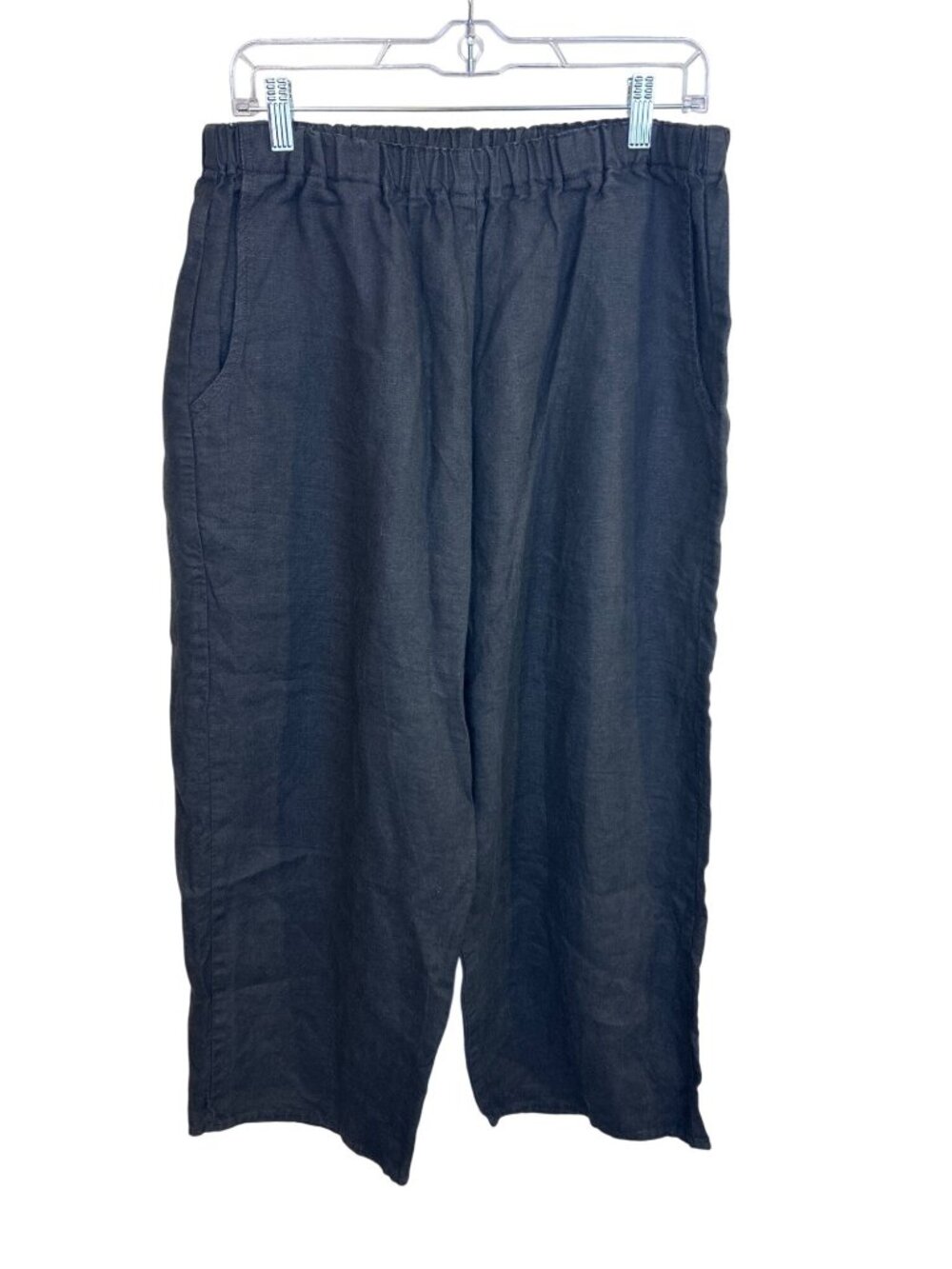 Flax Black Linen Cropped Wide Leg Pants Women's M Elastic Waist Pockets